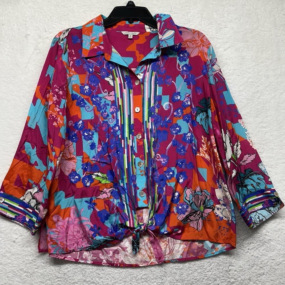 John Mark Womens Size M Floral Long Sleeve Tie Knot Button Up Top (V1)